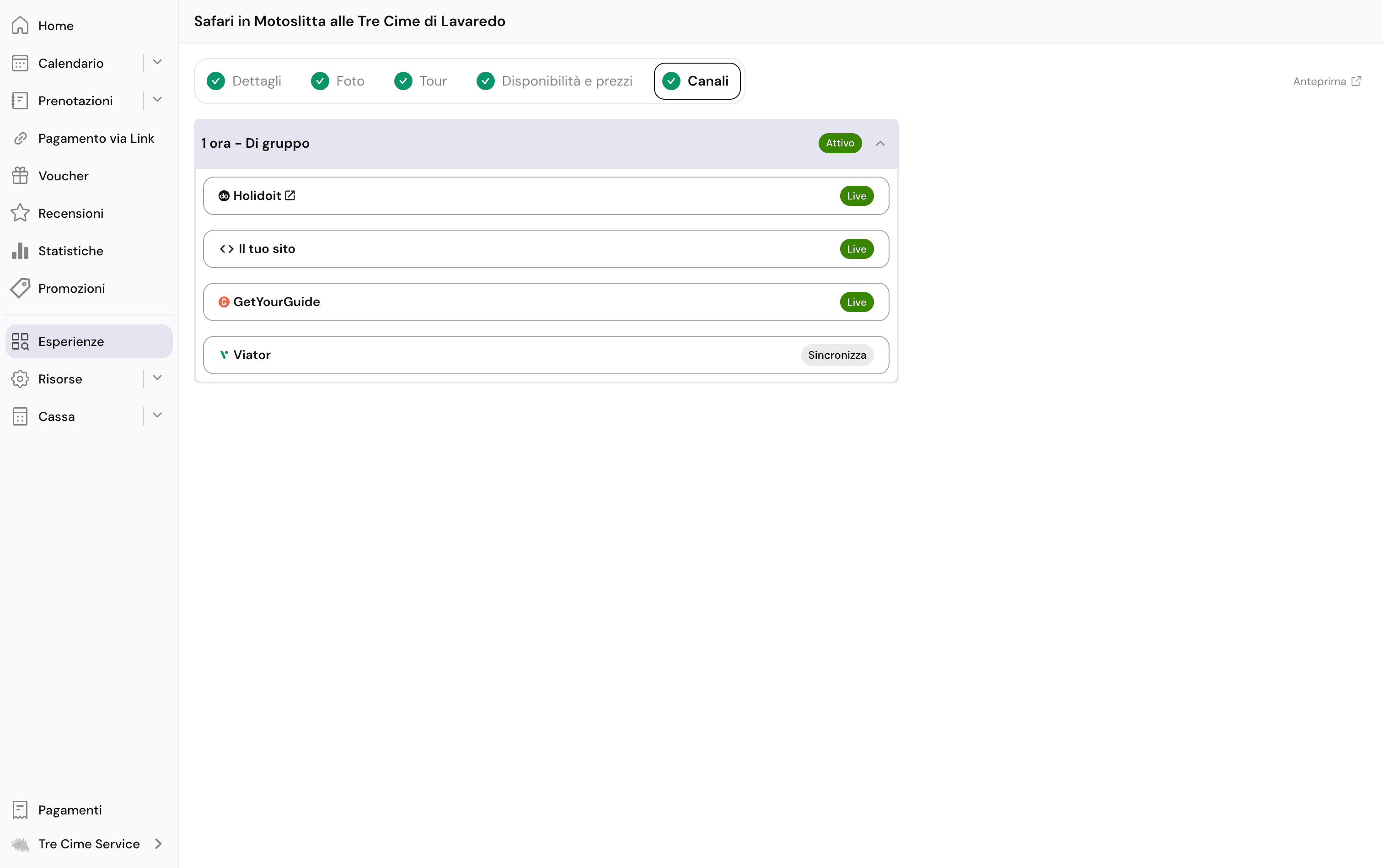 Dashboard prenotazioni Holidoit
